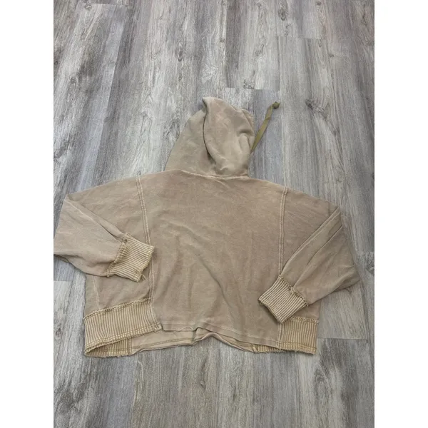 Free People Tikmo Hoodie Tan Acid Wash V-Neck Boxy Pullover Size Medium - Image 4