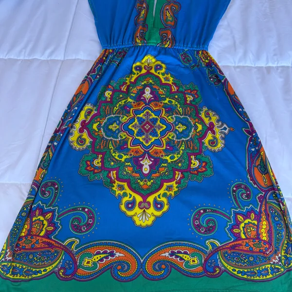 Vibrant Boho Paisley Mini Dress 🌈 Deep V Neck Festival Summer Dress | Blue & Green Statement Piece | Size S (Forever 21) ✨ - Image 6