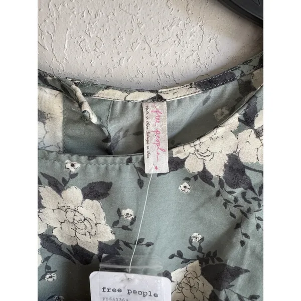 NWT Free People Sage Green White Floral Long Sleeve A-Line Mini Dress Womens 4 - Image 4