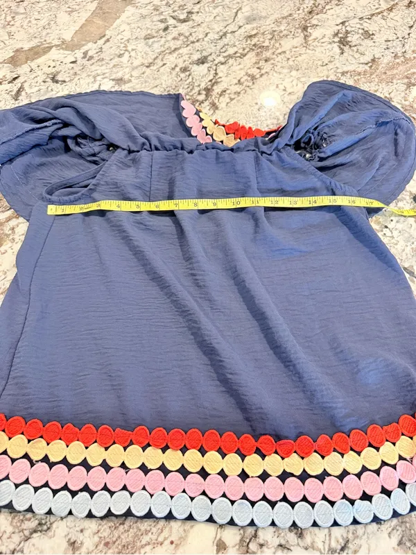 Entro Navy Off Shoulder Ruffle Top Small Colorful Embroidered Trim - Image 6