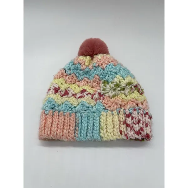 Handmade Knit Hat Beanie Womens One Size Multicolor Pom Bobble Chevron Winter - Image 3