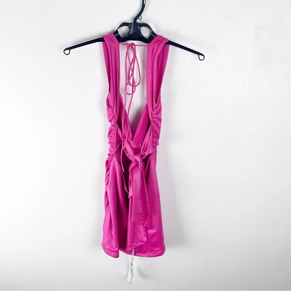 LUCY IN THE SKY Pink Draped Front Ruched Sides Low Back Cutout Mini Dress Small - Image 2