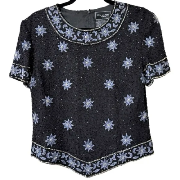 Cote d’ Azur medium vintage silk beaded sequin floral formal top evening wear - Image 12