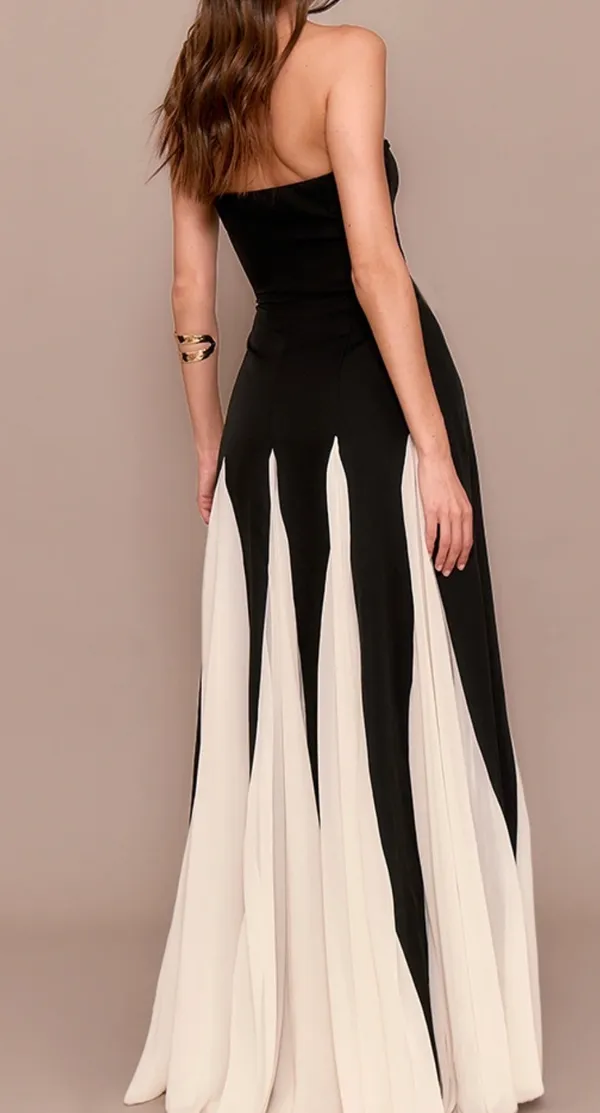 Pretty Little Thing BLACK BANDEAU CONTRAST CHIFFON PLEATED MAXI DRESS - Image 2