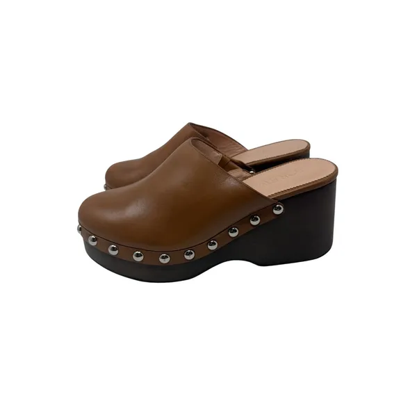 J.Crew Slip-On Studded Platform Clogs Leather Brown Wood Wedge Heel Size 8.5 - Image 5