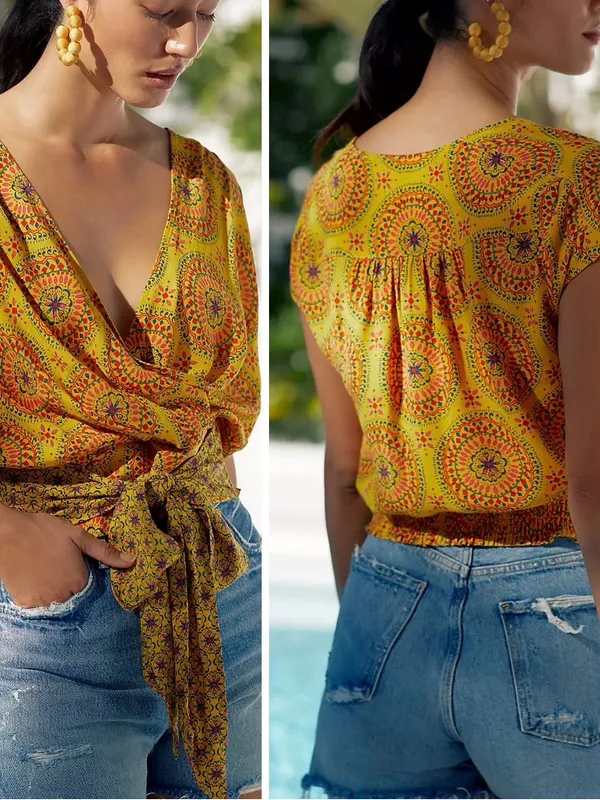 Anthropologie Maeve Yellow Multicolor Boho Wrap Tie Resortwear V-Neck Blouse Top - Image 2