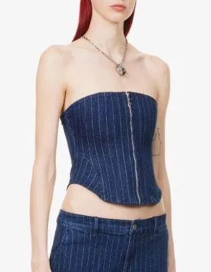 Revolve New with tags - MIAOU Riley Denim Pinstripe Zip Front Strapless Grunge Corset Top Small - Image 2