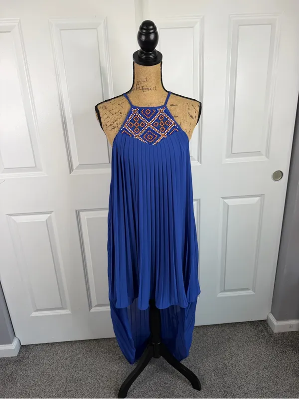 Arden B XS Cobalt Blue Beaded Pleated High Low Maxi Dress Y2K - Image 2