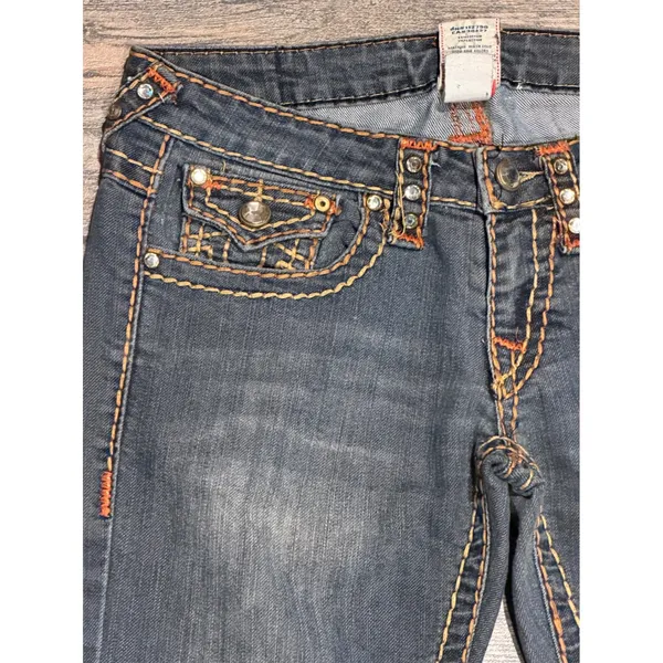 True Religion Joey Super T Straight Leg Jeans Orange‎ Yellow Stitch BLING Y2K 26 - Image 6