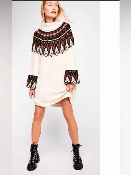 Free People Scotland Fair Isle Balloon Sleeve Mock Neck Sweater Dress M - Image 2