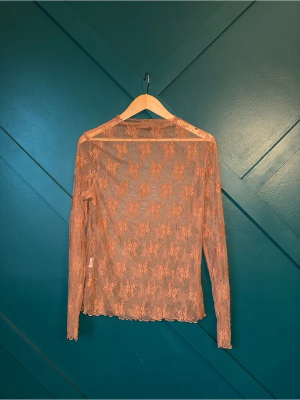Sheer Floral Lace Mock Neck Long Sleeve Mesh Top Romantic Boho Y2K Brown Size XL - Image 3
