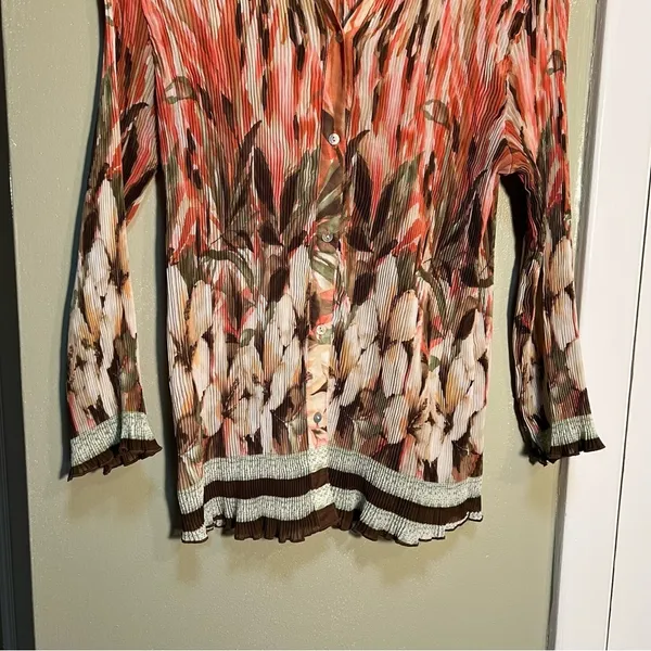 Nicola‎ Women's Size Large Pleated Plisse Blouse Brown Pink Abstract Floral - Image 3