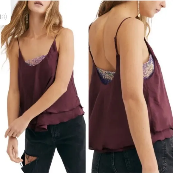 Free People Turn It On Camisole in Plum Vetiver Bloom Cropped Sequin Top Sz S - Image 2