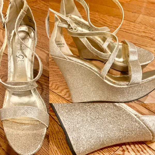 Rouge gold glitter platform strappy crisscross wedges sandal size 8.5 - Image 2