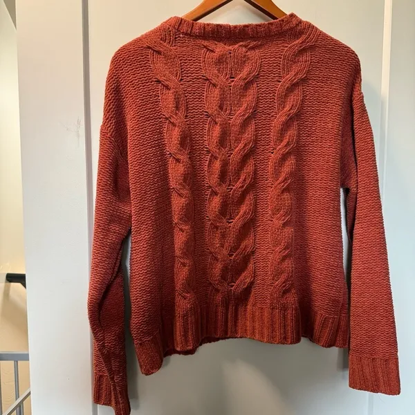 American Eagle Cable Knit Rust‎ Burnt Orange Crochet Crewneck Sweater Fall S - Image 4
