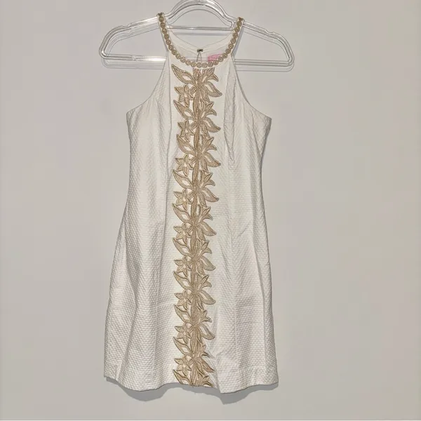 Lilly Pulitzer Parker Palm Shift Dress Resort Embroidery Halter white‎ gold 2 - Image 2
