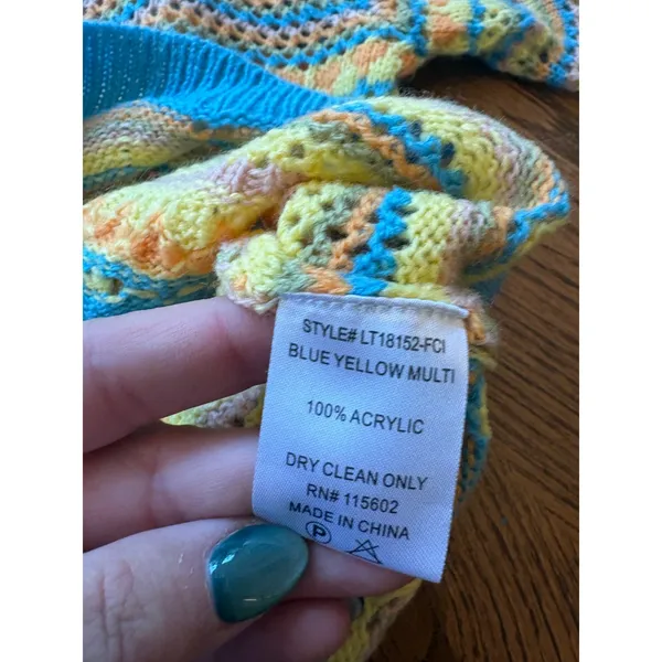 LUSH Blue Yellow Multi Crochet Knit Bell Sleeve Sweater Top Size M‎ - Image 6