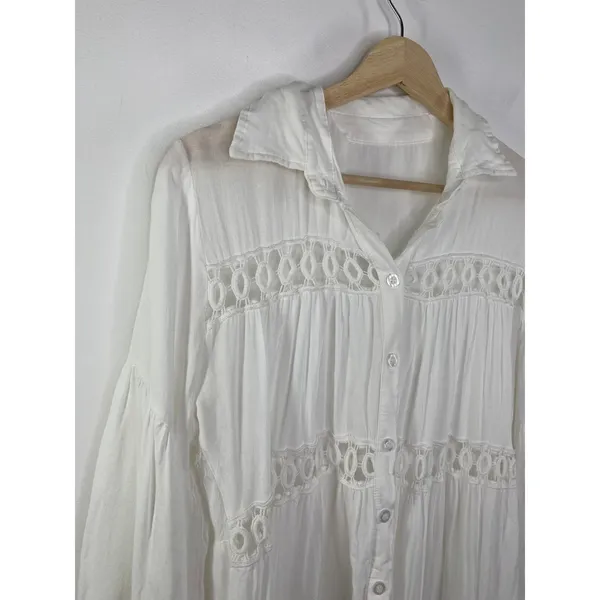 White Cotton Button Front‎ Tunic Boho Lace Eyelet Dress One Size Long Sleeve OS - Image 4