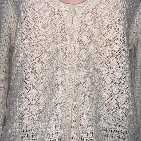 Lucky Brand crochet cardigan woman size XL button up v neck tan cream color - Image 5