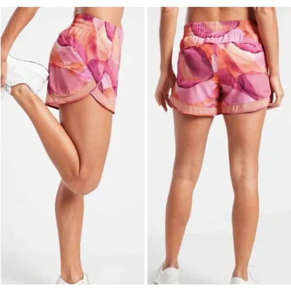 Athleta Printed Mesh Racer Run Shorts 1X Pink‎ Orange Abstract Athletic Workout - Image 2