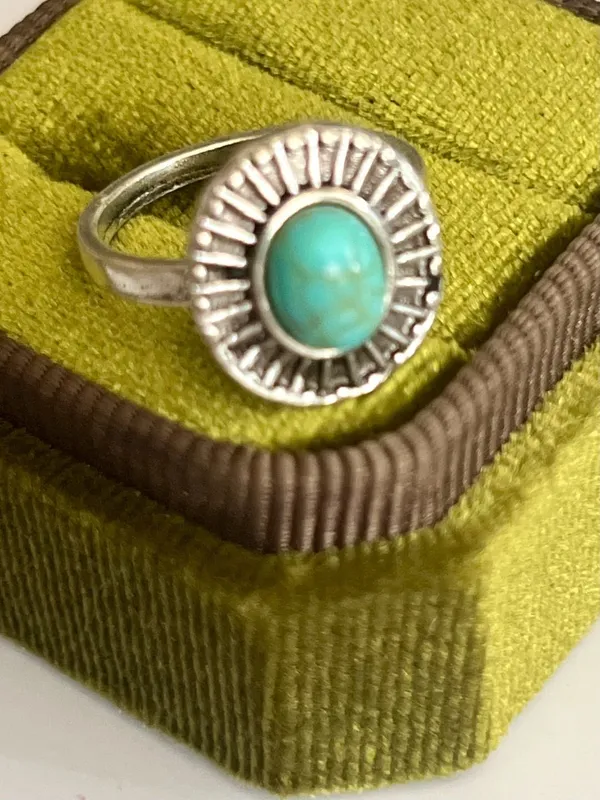 Vintage Turquoise Titanium Steel Silver Statement Ring – Size 6 Blue - Image 4