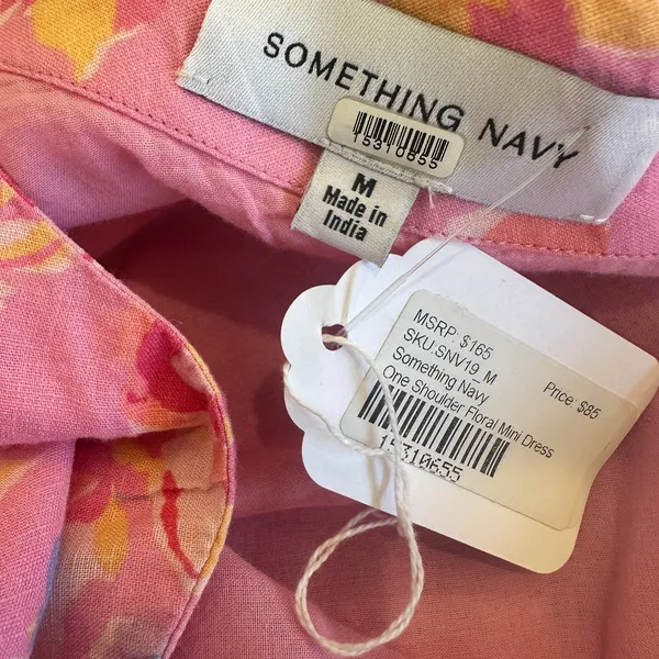 Something Navy Pink Floral Mini Dress MEDIUM One Shoulder Linen Shift Party $165 - Image 11