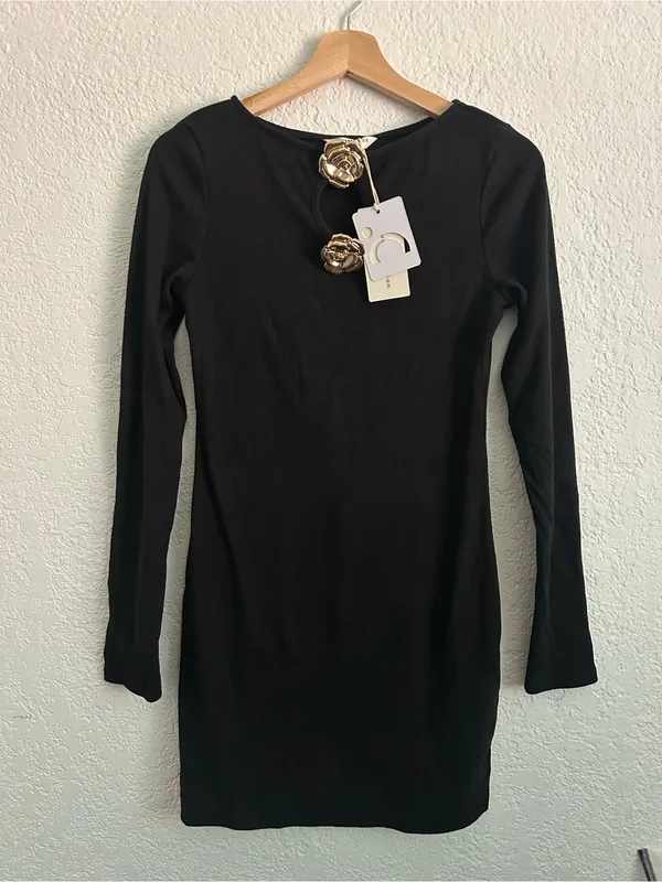 Commense Black Ribbed Long Sleeve Mini Dress With Gold Metal Rose Cutout M NWT - Image 3