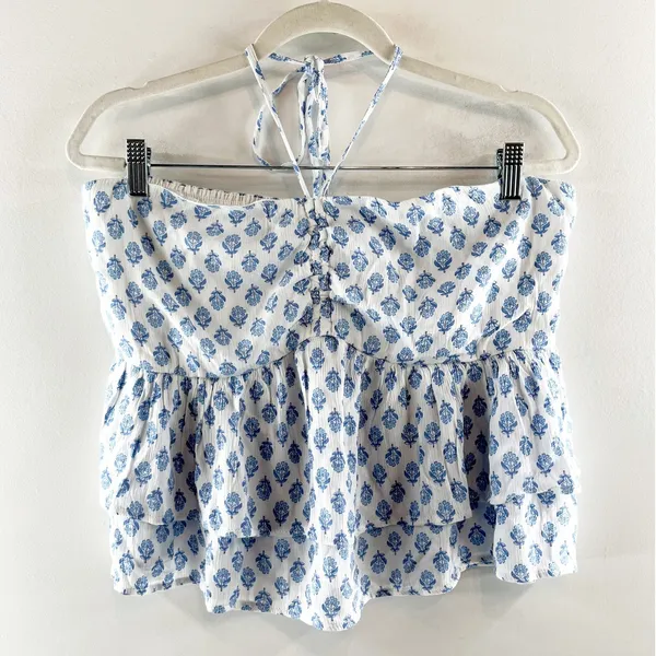 Hollister Tiered Halter Babydoll Tank Top White Blue XL - Image 5