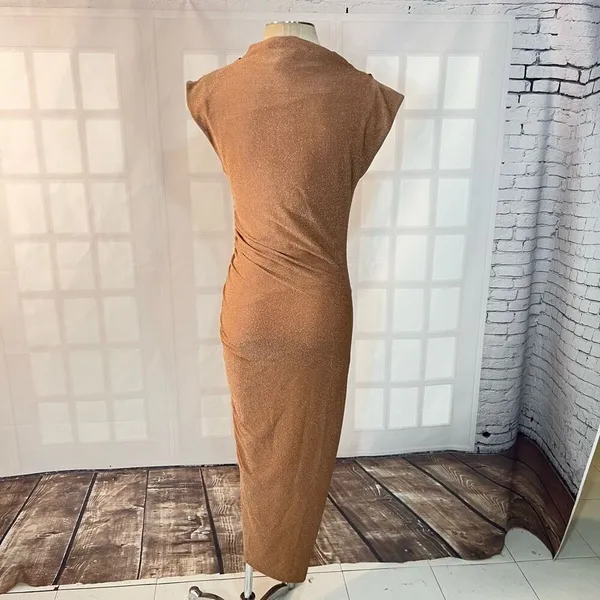 Dress Forum Tan Metallic Glitter High Neck Ruched Slit Bodycon Midi Dress Small - Image 8