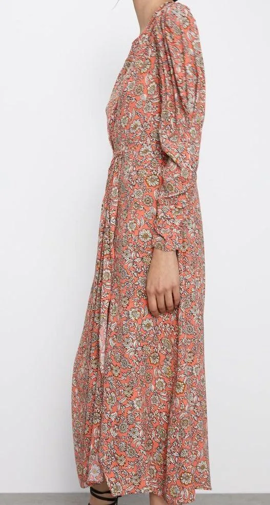 Zara FLORAL PRINTED DRAPED MIDI Flowy DRESS Long Sleeve Puff Shoulders Sz XS NEW - Image 10
