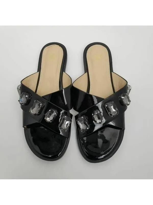 Womens Stone Jeweled Slip On Flat Slide Sandals Rhinestones Black Size 38 - Image 5