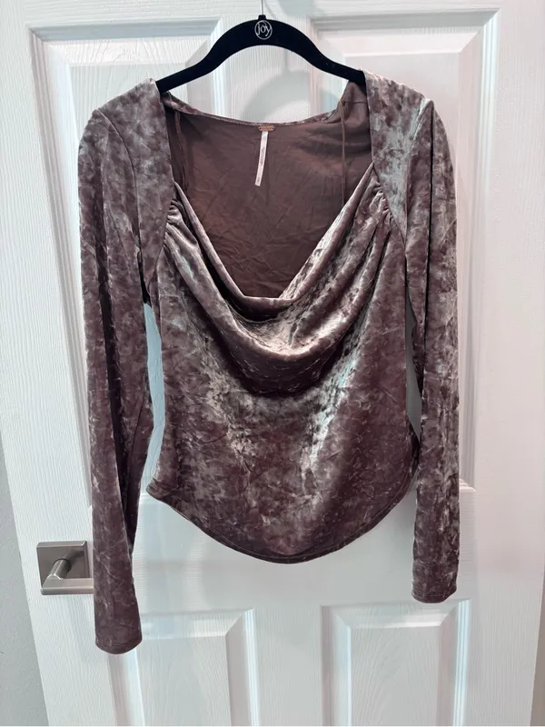 Free People Velvet Long-Sleeve Drape Neck Top - Taupe size Small - Image 6