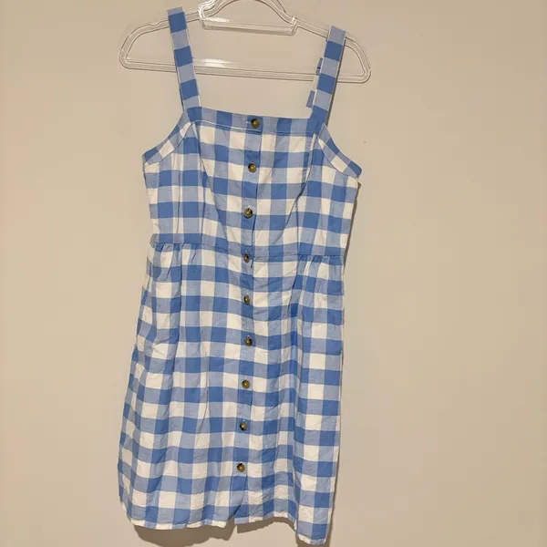 J.Crew‎ Factory Linen Gingham Check Button Lined Sundress Blue White size 10 - Image 2
