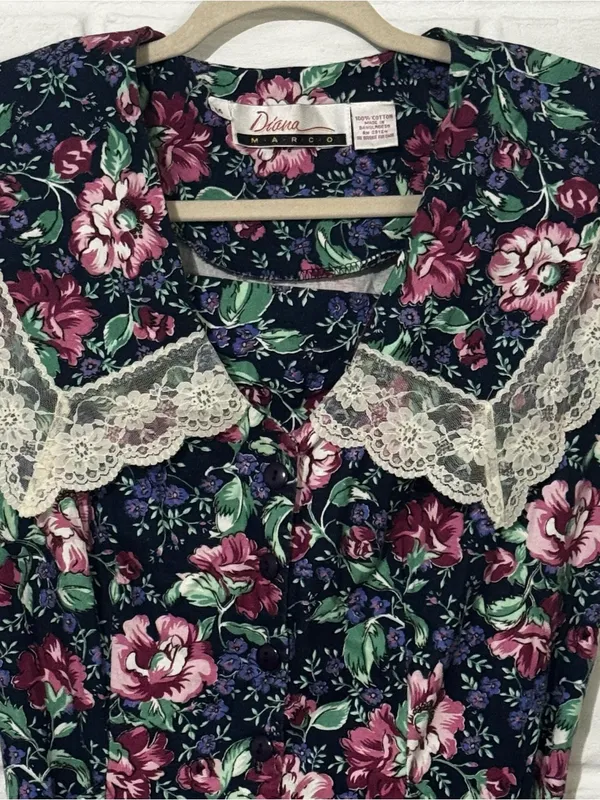 Vintage 80s Midi Dress Women’s 14 Navy Pink Floral Cottagecore Lace Trim Diana - Image 2