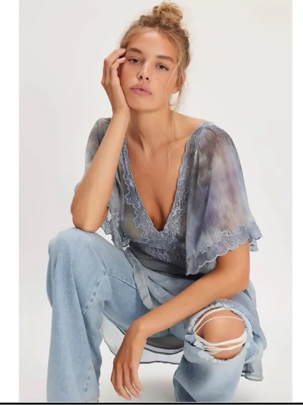 Free People Bohemian Beachy Fairy Chance On Me Mini Dress in Deep Ocean Medium - Image 12