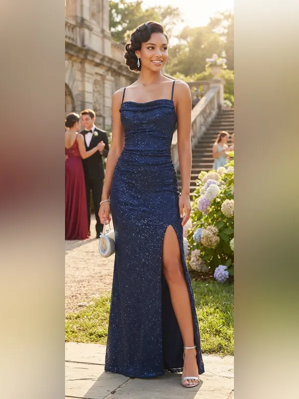 Windsor women’s dress Navy Sequin Spaghetti Strap Evening Gown size XS - Image 2