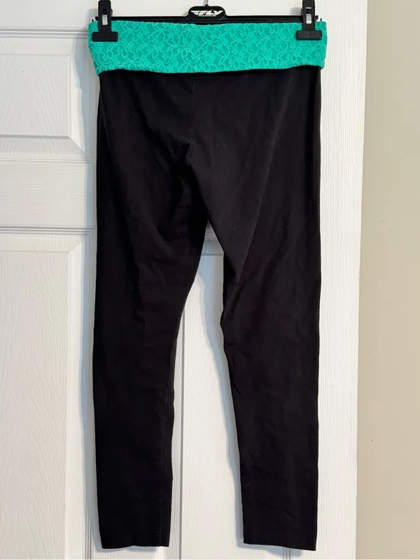 Aerie Slim Gym Skinny Teal Lace Y2K Style Fold Over Waistband Black Leggings Med - Image 3