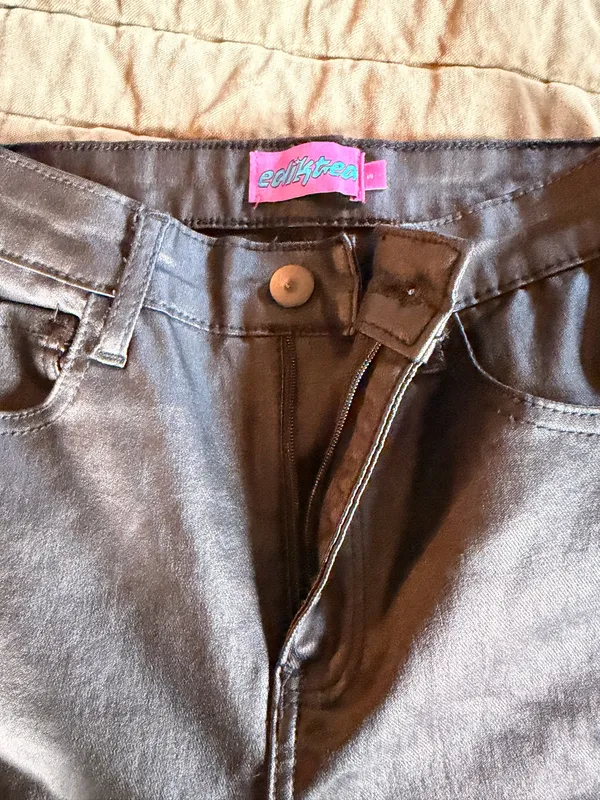 Edikted Black Coated Faux Leather Flare Pants High Rise Bell Bottom Jeans Size S - Image 2