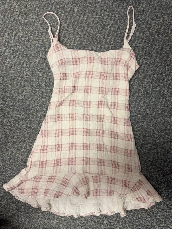 Olivaceous Plaid Mini Cotton Gauze Dress Pink Cottagecore Open Back M Ruffle Hem - Image 4