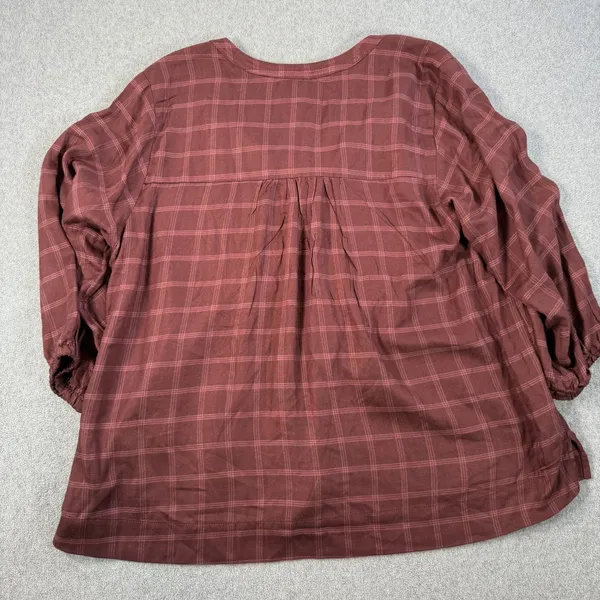 Wrangler Women's XL Burgundy Plaid Pleated V-Neck 3/4 Sleeve Peasant Blouse Top - Image 11