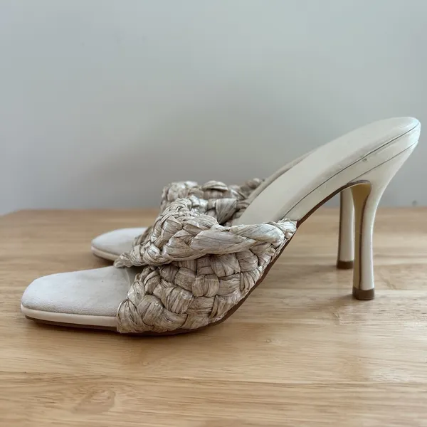 Heeled Mule Woven Summer Justfab Sz 8.5 Tan Neutral Natural Workwear Party - Image 4