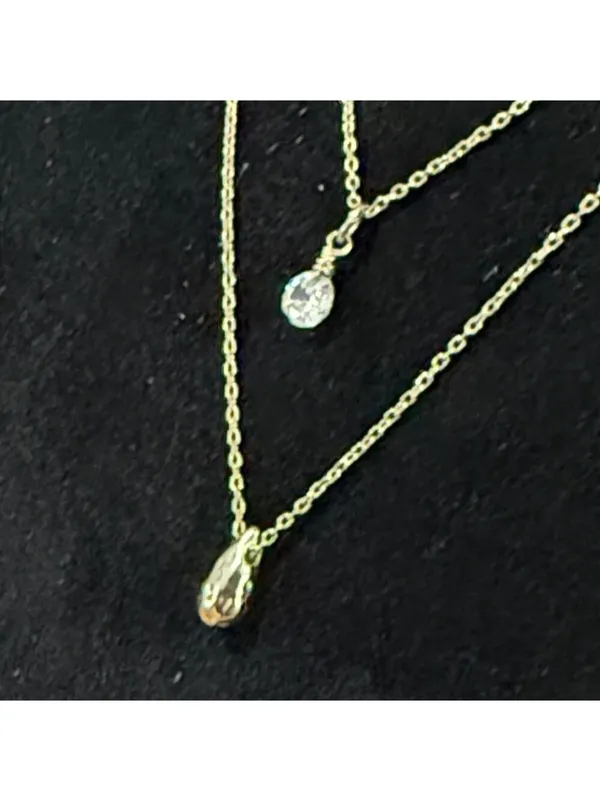 Double strand dainty gold tone necklace with teardrop pendant and rivoli stone - Image 2