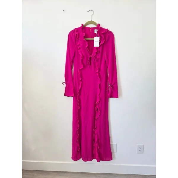 NEW Runaway The Label Oxana Dress Long Sleeve Hot Pink Ruffle Coquette Small - Image 2