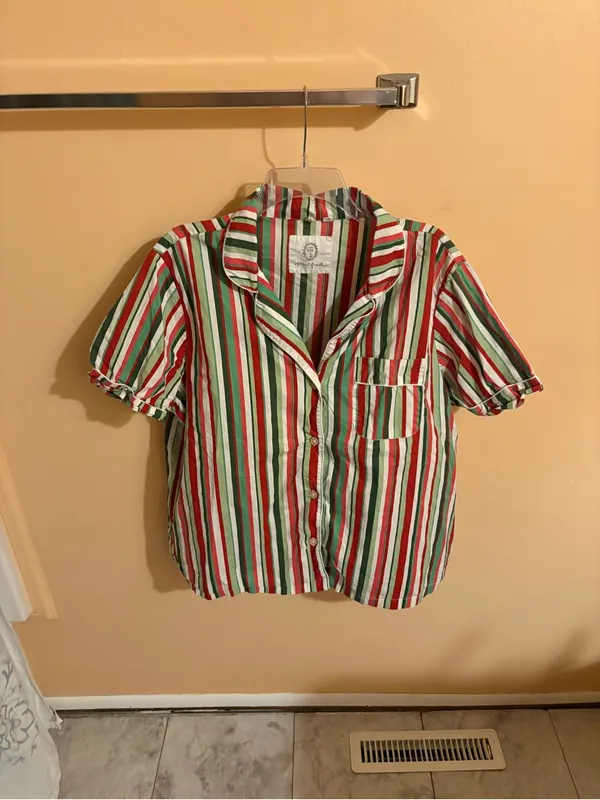Printfresh Green, Red, Pink, & White Striped Short Sleeve Pajama Shirt - Image 2