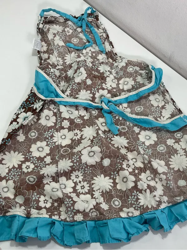 Vtg Retro Style Kitchen Apron Blue Brown Pockets Floral Print Ruffles Coquette - Image 6