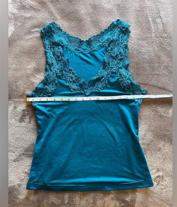 FREDERICK’S OF HOLLYWOOD Blue Silky Lace Trim Cami Tank Top Vintage Sz L EUC - Image 5
