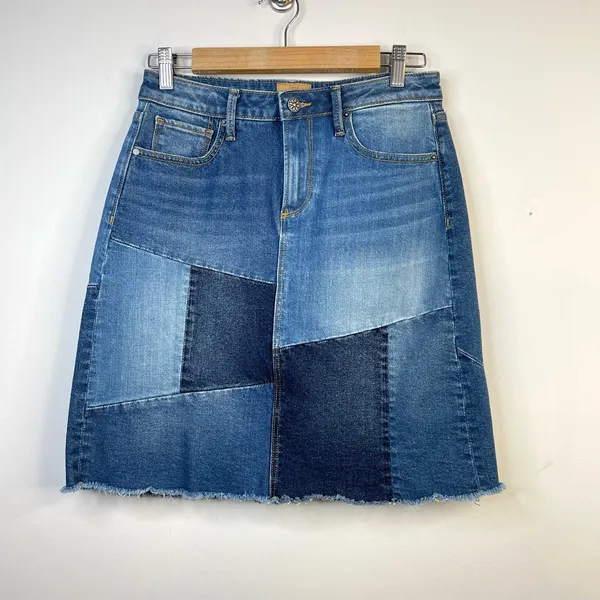 Driftwood Anthro Saydi Patchwork Denim Jean Boho Retro A line skirt womens 26 4 - Image 2