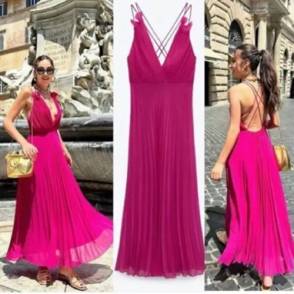 ZARA pink fuschia barbie core pleated maxi dress blogger favorite size large - Image 4