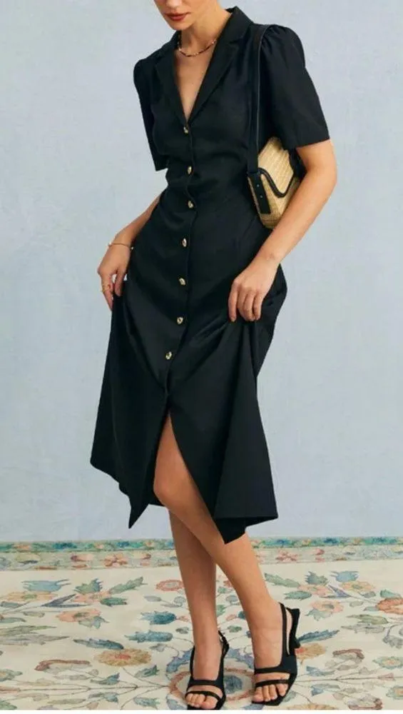Rihoas The Black V Neck Button Puff Sleeve Midi Dress - Image 4