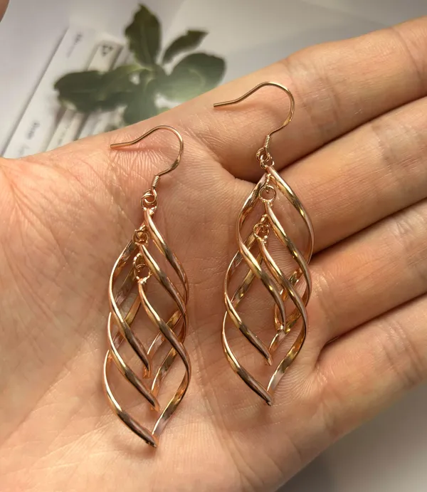 14K Rose Gold Plated Twist Leaf Dangle Earrings for Women - Image 4